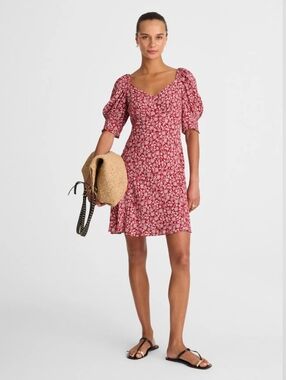 Madewell Puff-Sleeve Mini Dress in Eloise Floral Red Size 4 Stretch V-Neck